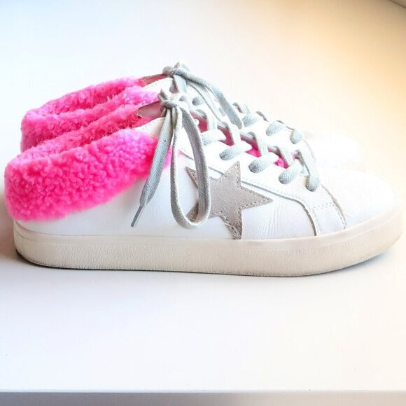 Steve Madden Polaris White Leather & Pink Sherpa Lace-up Star Sneakers Shoes 8 - Picture 4 of 16